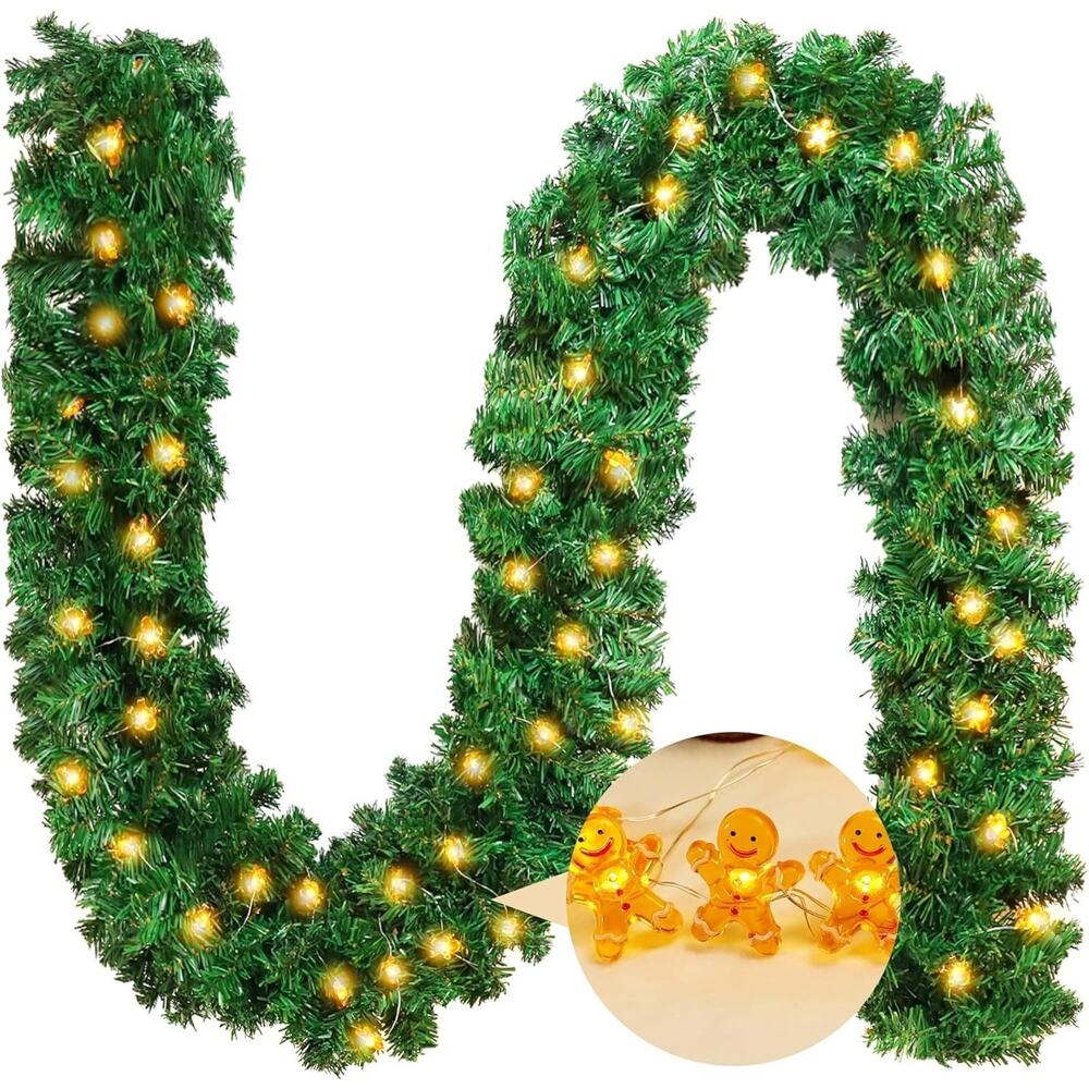 Christmas Garland with Lights, 9FT Artificial Pine with 50 Gingerbread Men - Picture 1 of 7